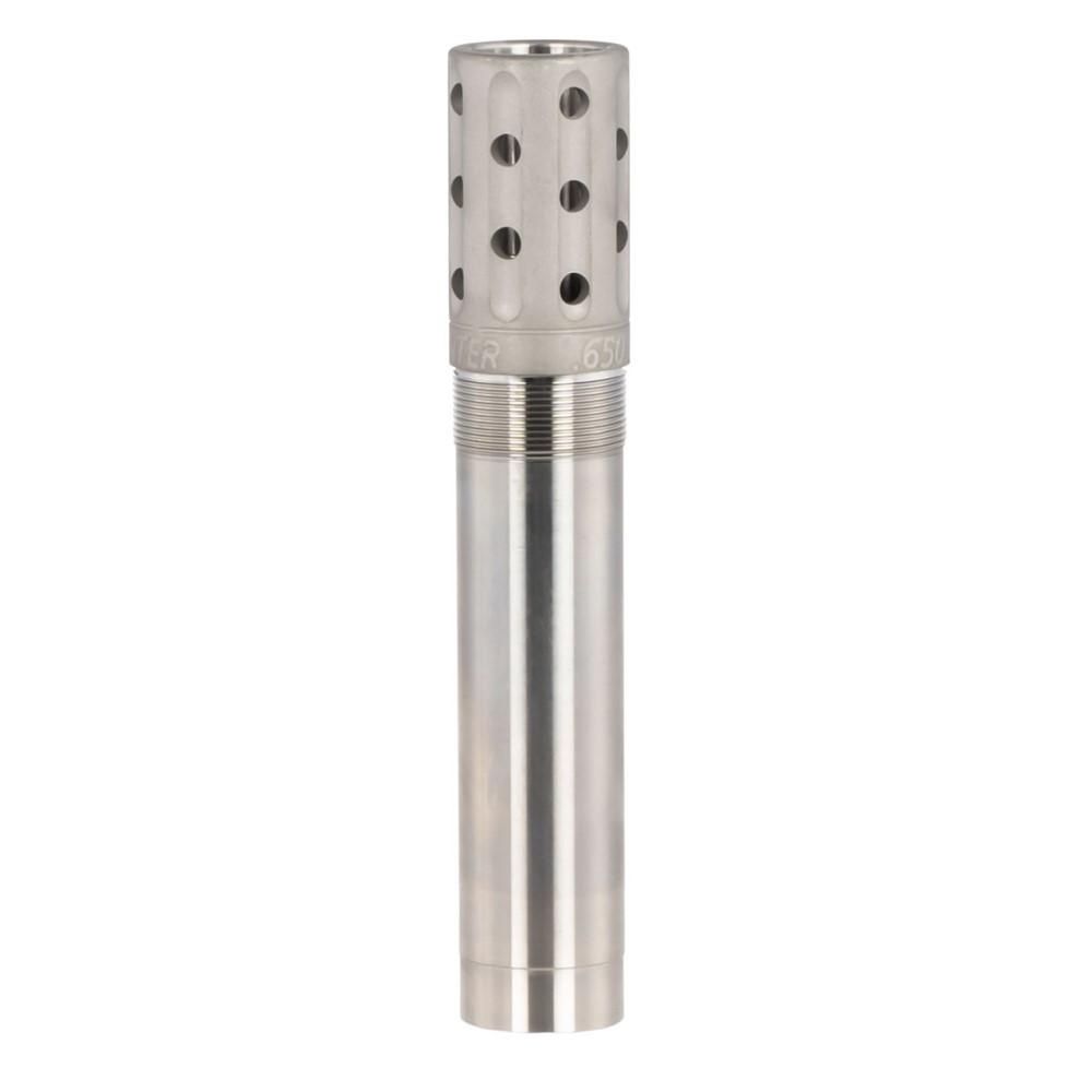 Metal firearm muzzle brake with holes, cylindrical shape.