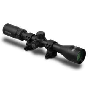 Black rifle scope with mounting brackets and adjustments.