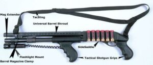 Tactical shotgun with accessories and modifications labeled.