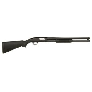 Black pump-action shotgun on white background.