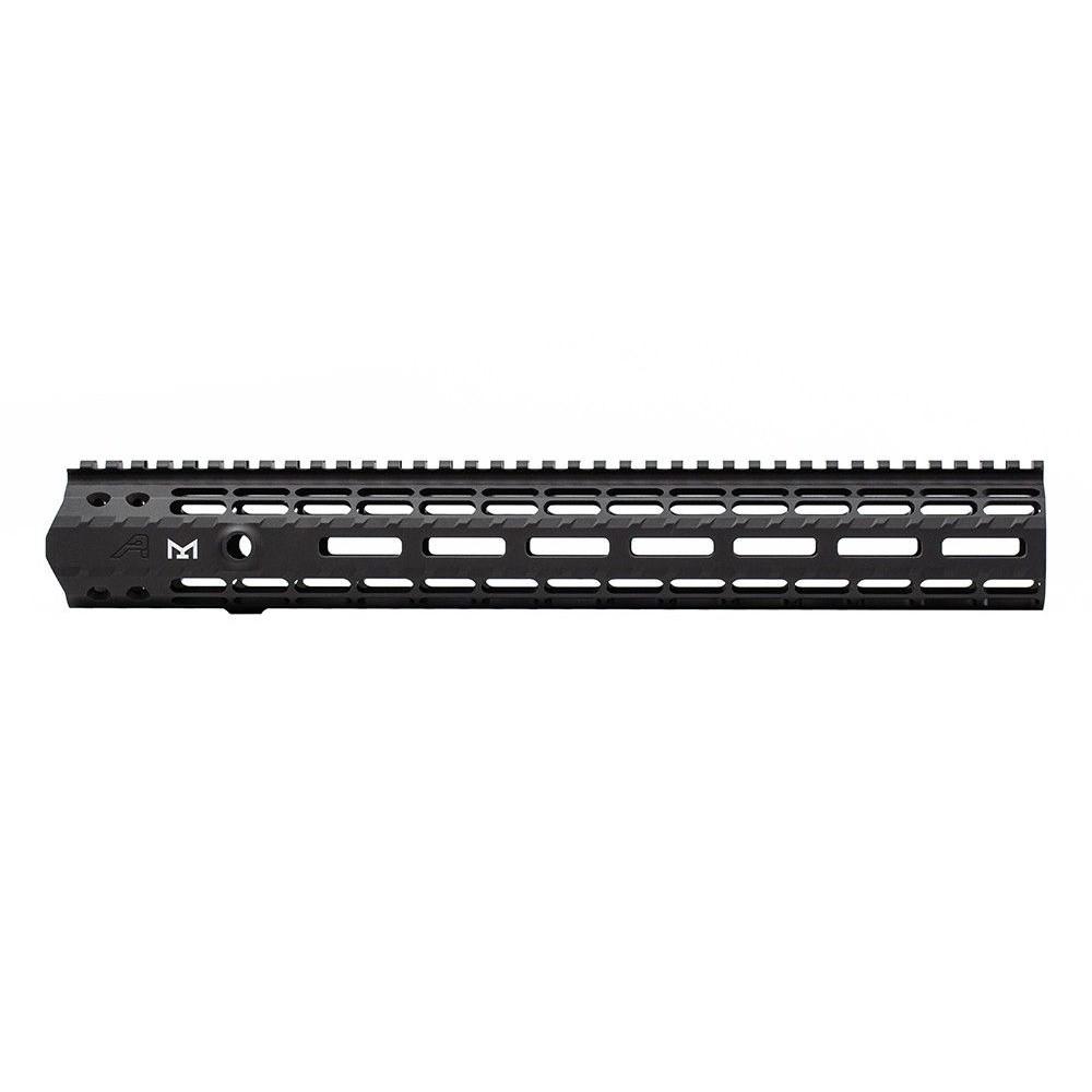 Black rifle handguard with rail slots.