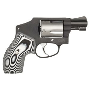 Black revolver with patterned grip on white background.