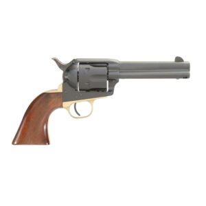 Vintage revolver with wooden handle on white background.