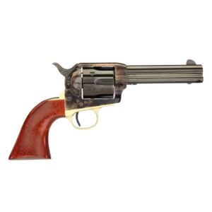 Vintage revolver with wooden grip and metal finish.