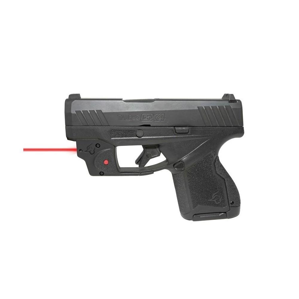 Black handgun with laser sight attachment