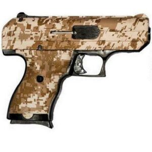Camouflage-patterned handgun on white background.
