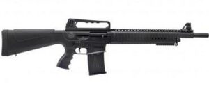 Black semi-automatic rifle on white background