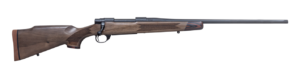Wooden hunting rifle with scope and barrel.