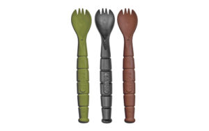 Three colored sporks: green, black, brown