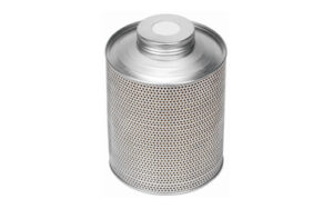 Metal can with perforated pattern on white background.