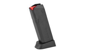 Handgun magazine with red follower on white background.