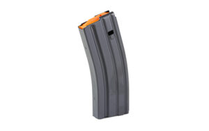 Gray rifle magazine with orange follower.