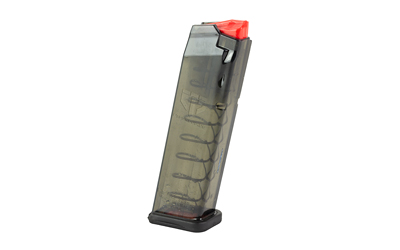 Transparent firearm magazine with a red cap.