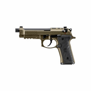 Tactical semi-automatic pistol on white background.
