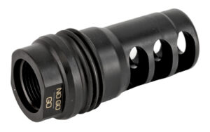 Black firearm muzzle brake with vent holes