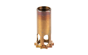 Copper cylinder with threaded top and holes.