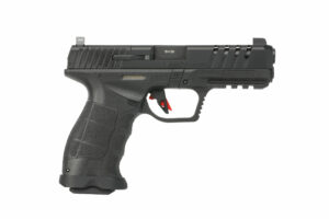Black semi-automatic handgun with textured grip