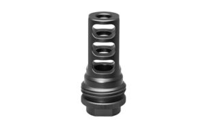 Black metal muzzle brake with multiple air vents