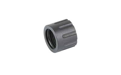 Gray threaded plastic cap with ridged surface