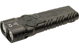 Portable black flashlight with dual beam design.