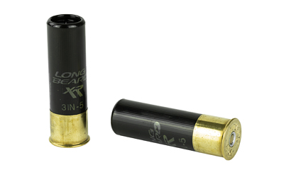 Two black and gold shotgun shells on white background.
