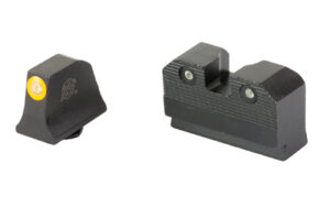 Black gun sights with yellow dot front sight.