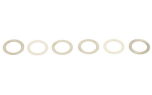 Six metal washers aligned evenly in a row.