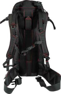 Black ergonomic backpack with red accents