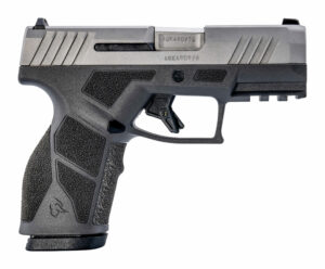 Compact black handgun with textured grip.