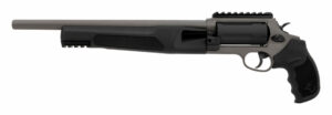 Black revolver with a long barrel on white background.