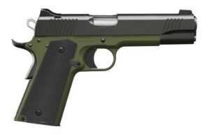 Green and black semi-automatic pistol side view.