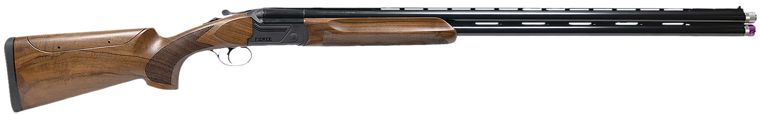 Over-under shotgun with wooden stock and barrels.