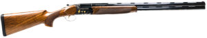 Double-barreled shotgun with wood finish.