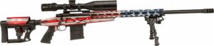 Patriotic American flag-patterned rifle with scope.