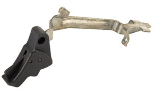 Black metal lever with attachment brackets.