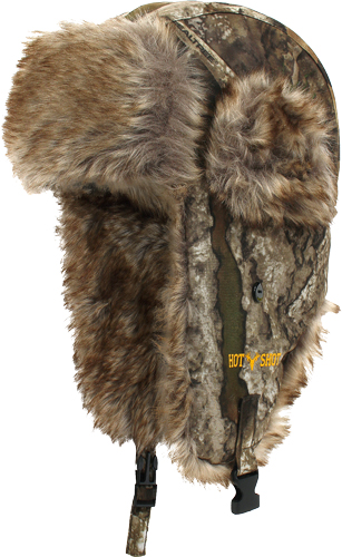 Camouflage aviator hat with faux fur trim.