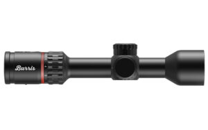 Burris rifle scope, black, side view.