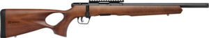 Wooden rifle with black barrel, side view.