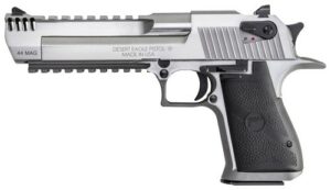 Silver Desert Eagle pistol, right side view.