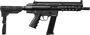 Black tactical rifle with a stabilizing brace.