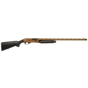 Semi-automatic shotgun profile view, brown and black design.