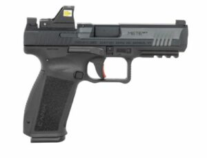 Black handgun with textured grip and sights