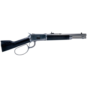 Lever-action rifle with wooden stock and metal barrel.