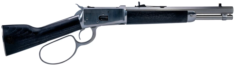 Lever-action rifle with wooden stock and metal barrel.