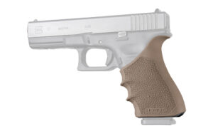 Pistol with tan ergonomic grip attachment.