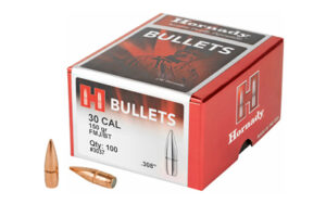 Hornady 30 CAL bullets box with two bullets.