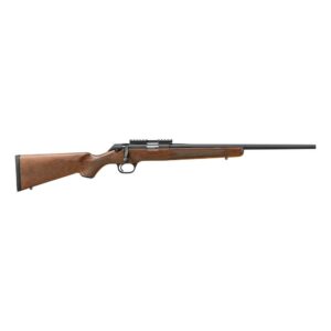 Bolt-action rifle with wooden stock and black barrel.