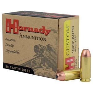 Hornady 10mm Auto ammunition box and bullet displayed.