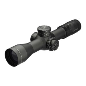 Rifle scope with adjustable dials and magnification settings.