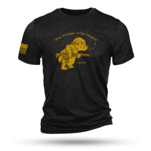 Black t-shirt with cartoon bear and quote.